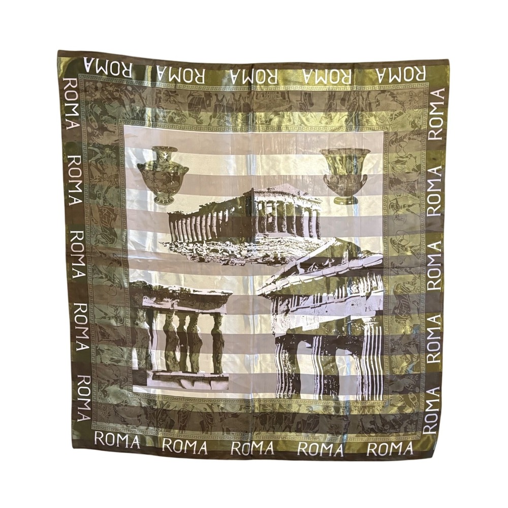 Large Vintage Italy Roma Green White Satin Scarf‎ 38x41"